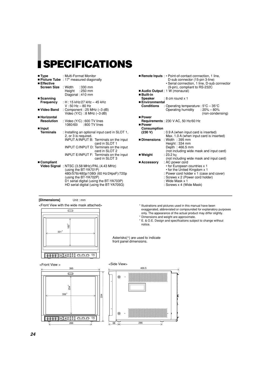 Panasonic BT-H1700AE manual Specifications 