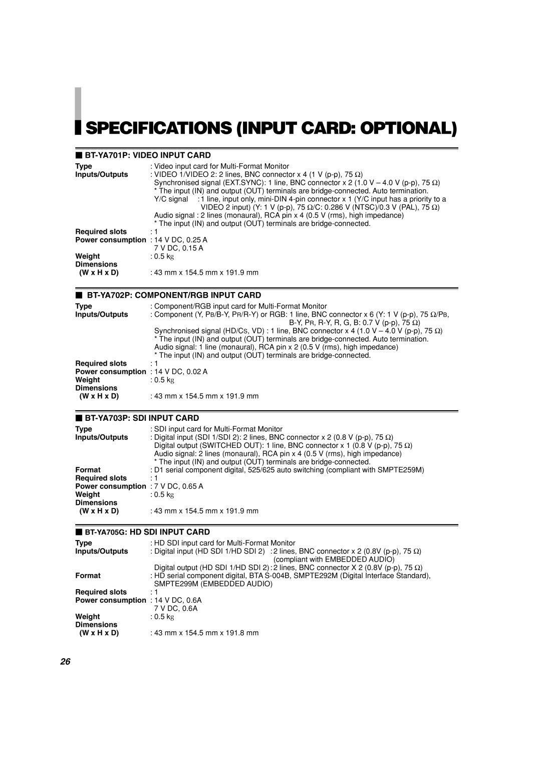 Panasonic BT-H1700AE manual Specifications Input Card Optional,  BT-YA701P VIDEO INPUT CARD,  BT-YA703P SDI INPUT CARD 