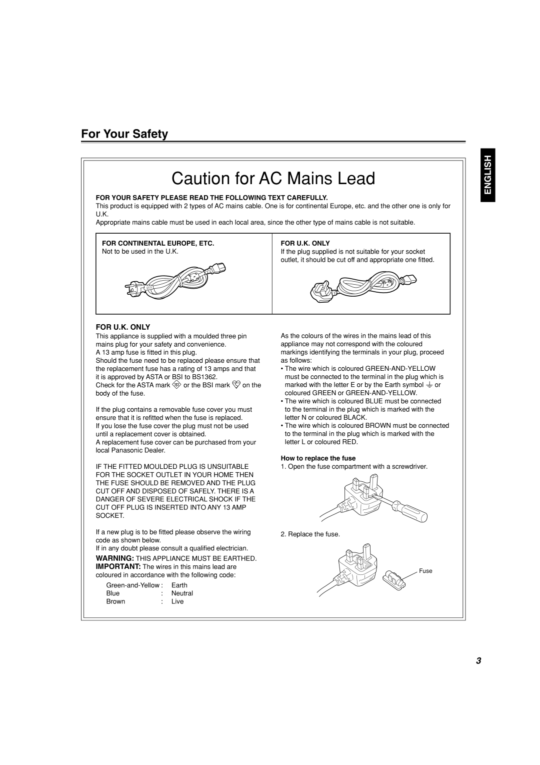 Panasonic BT-H1700AE manual Caution for AC Mains Lead, For Your Safety, English 