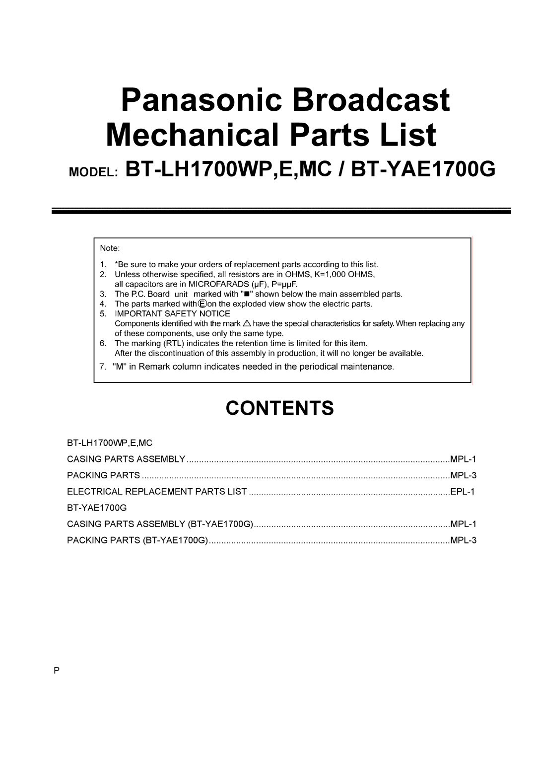 Panasonic BT-YAE1700G, BT-LH1700WMC, BT-LH1700WP manual Panasonic Broadcast Mechanical Parts List 