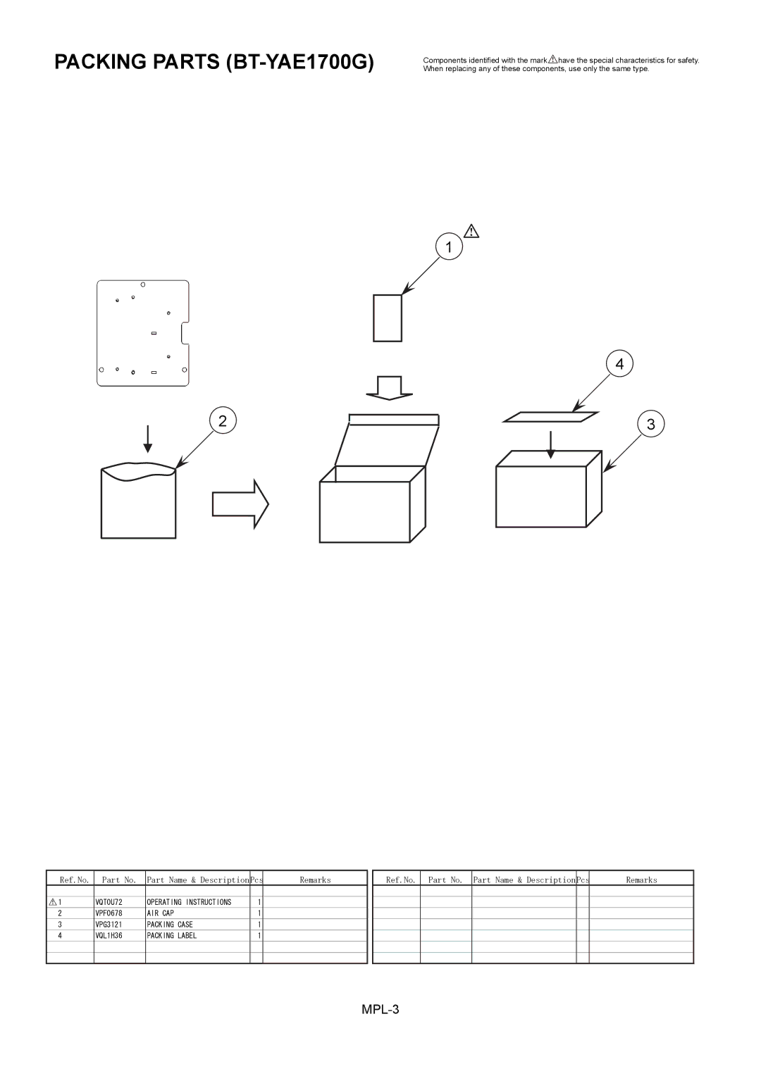 Panasonic BT-LH1700WP, BT-LH1700WMC manual Packing Parts BT-YAE1700G, MPL-3 