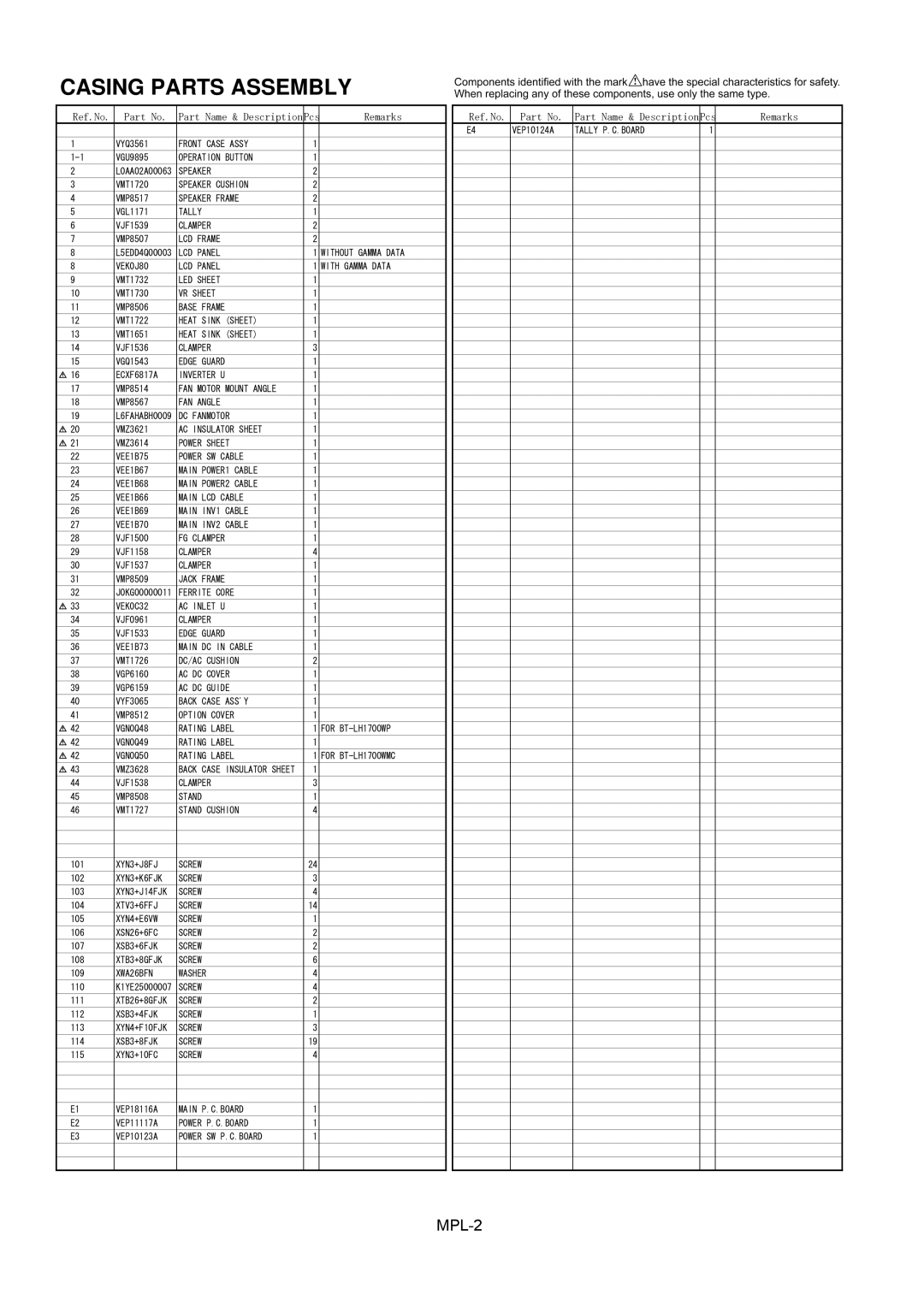 Panasonic BT-LH1700WMC, BT-YAE1700G, BT-LH1700WP manual Casing Parts Assembly, MPL-2 