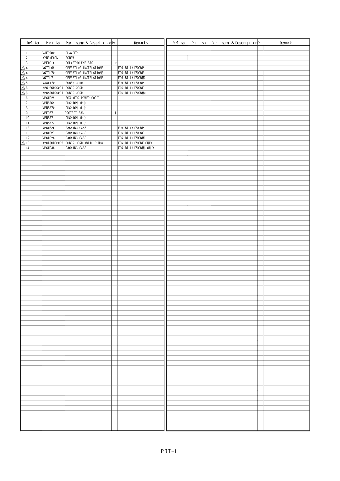 Panasonic BT-LH1700WP, BT-LH1700WMC, BT-YAE1700G manual PRT-1 