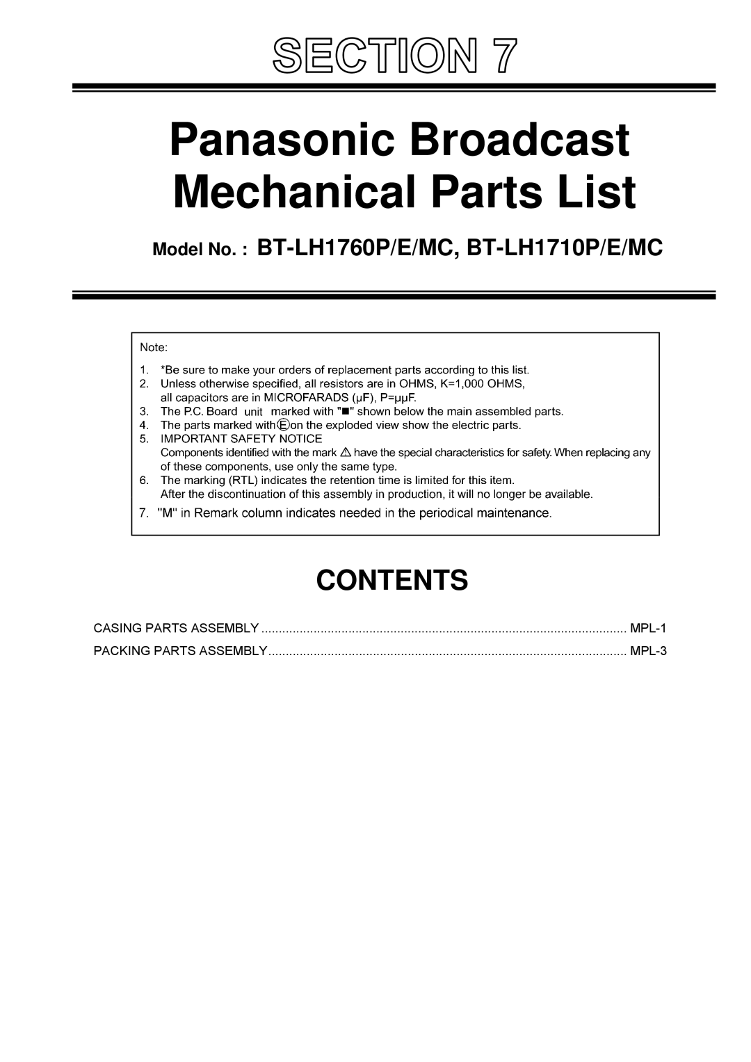 Panasonic BT-LH1760MC, BT-LH1710P, BT-LH1710MC, BT-LH1710E manual Panasonic Broadcast Mechanical Parts List 