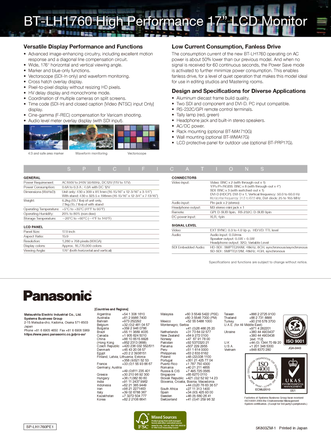 Panasonic BT-LH1760 manual Design and Specifications for Diverse Applications, General, LCD Panel, Connectors, Signal Level 