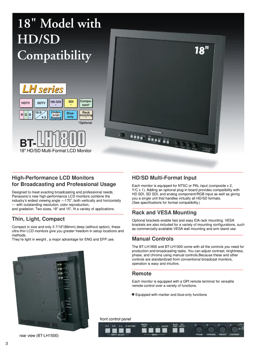 Panasonic BT-LH1800 manual HD/SD Multi-Format Input, Rack and Vesa Mounting Thin, Light, Compact, Manual Controls, Remote 