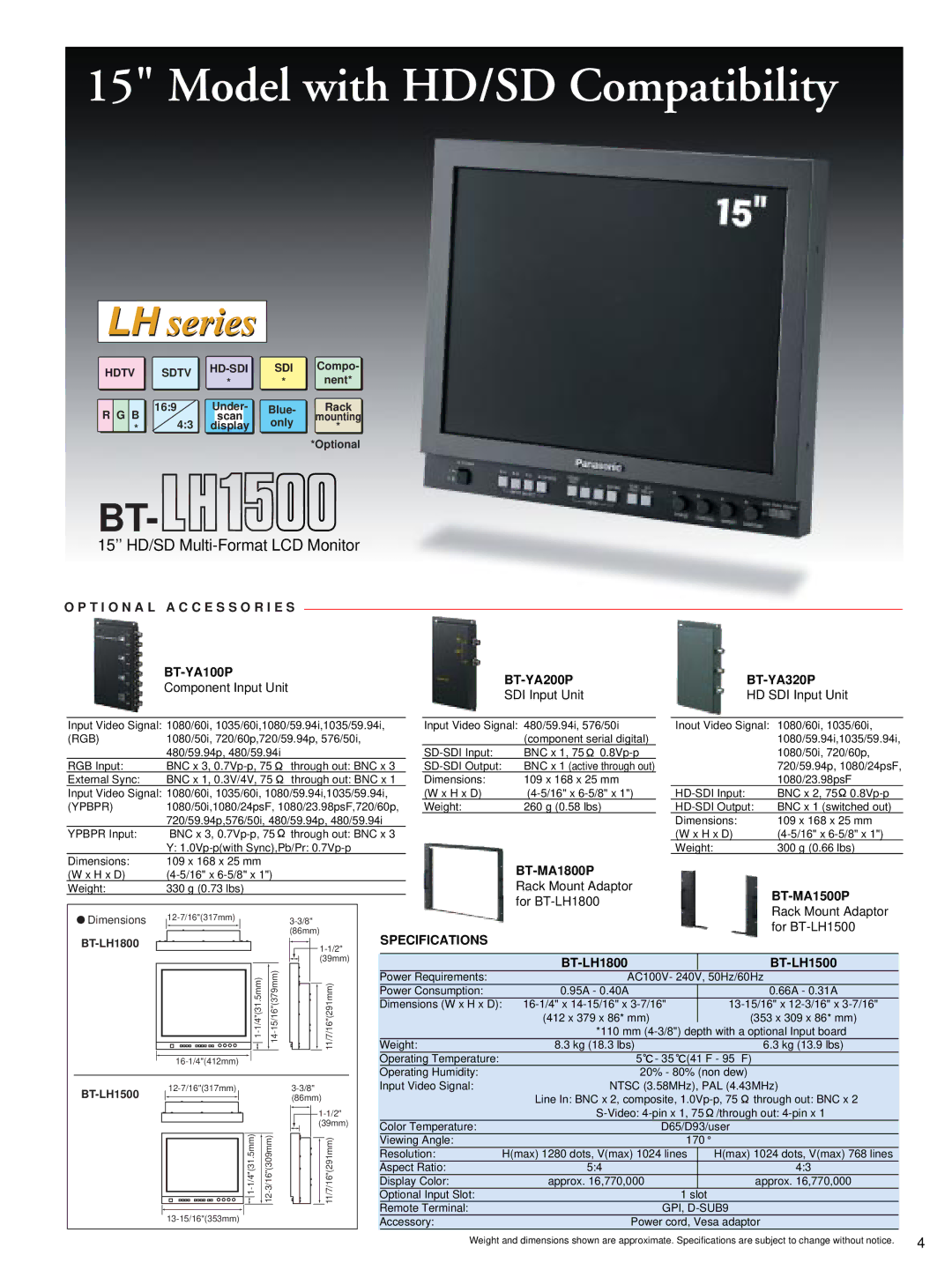 Panasonic BT-LH900, BT-LH1800, BT-LS1400, BT-LH1500 manual T I O N a L a C C E S S O R I E S, Specifications 