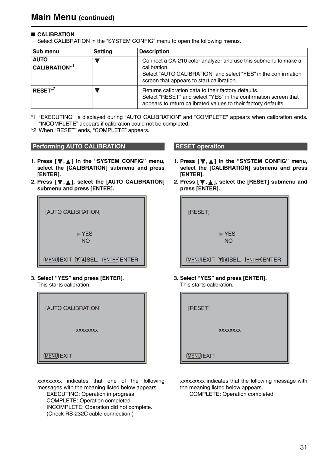 Panasonic BT-LH2550 manual Performing Auto Calibration Reset operation, CALIBRATION*1, RESET*2 