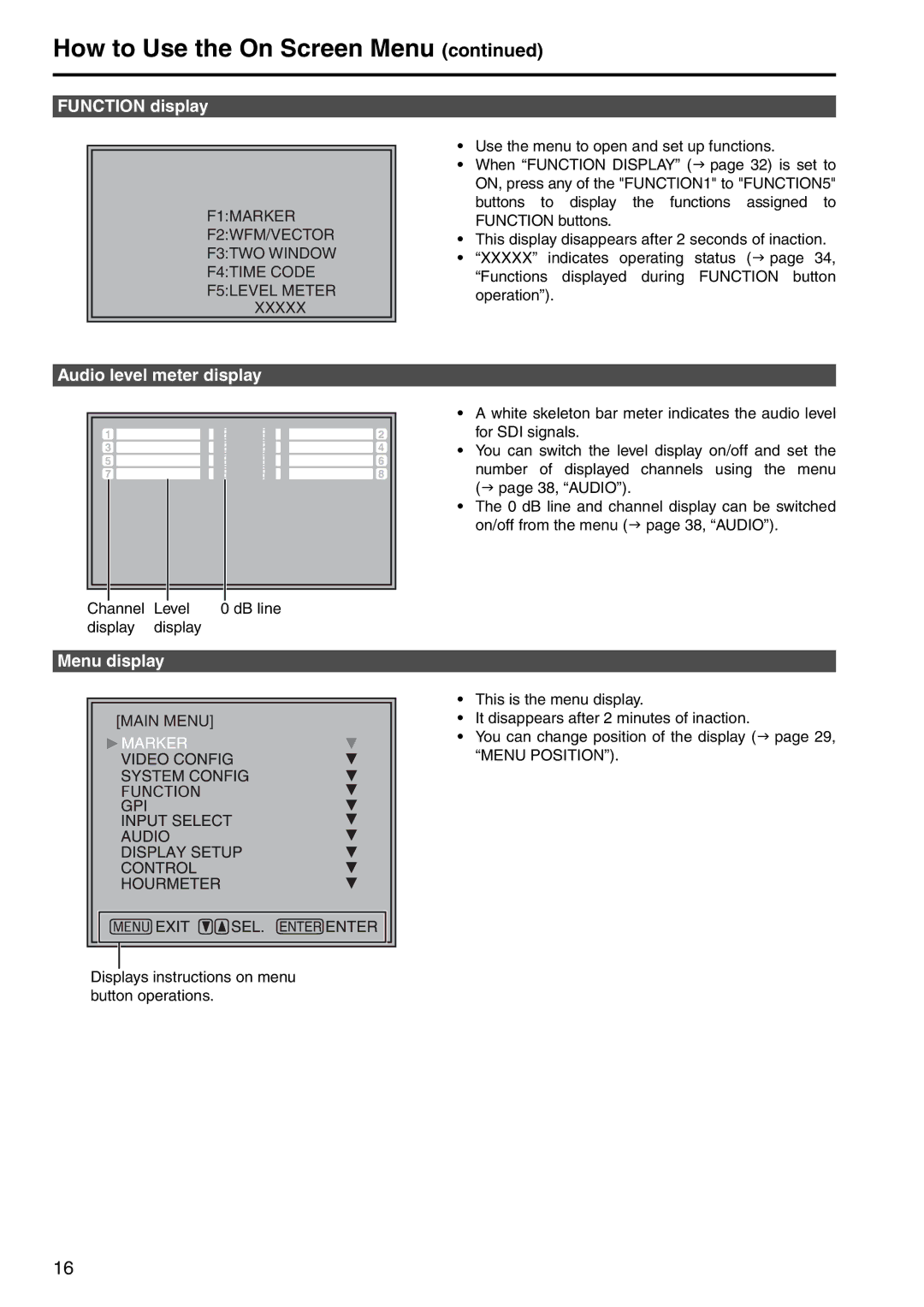 Panasonic BT-LH2550 manual Function display, Audio level meter display, Menu display 