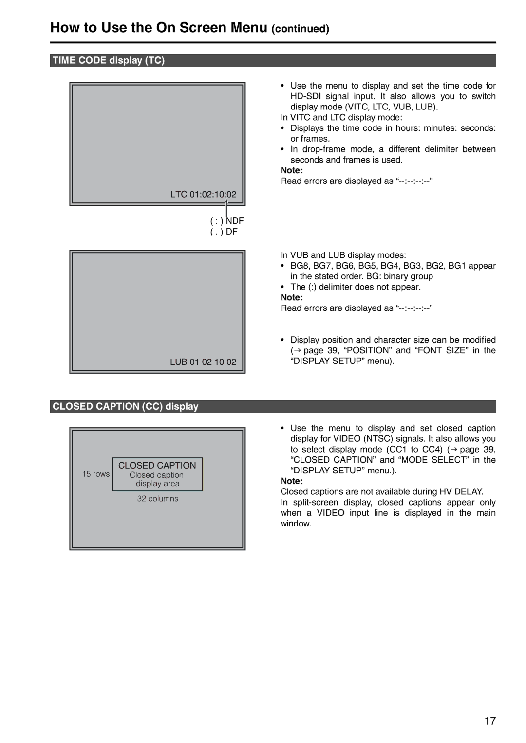 Panasonic BT-LH2550 manual Time Code display TC, Closed Caption CC display 