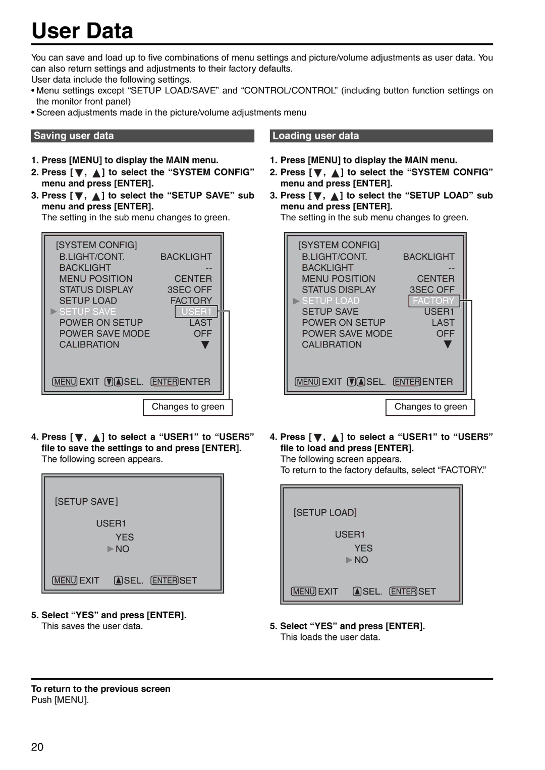 Panasonic BT-LH2550 manual User Data, Saving user data Loading user data 