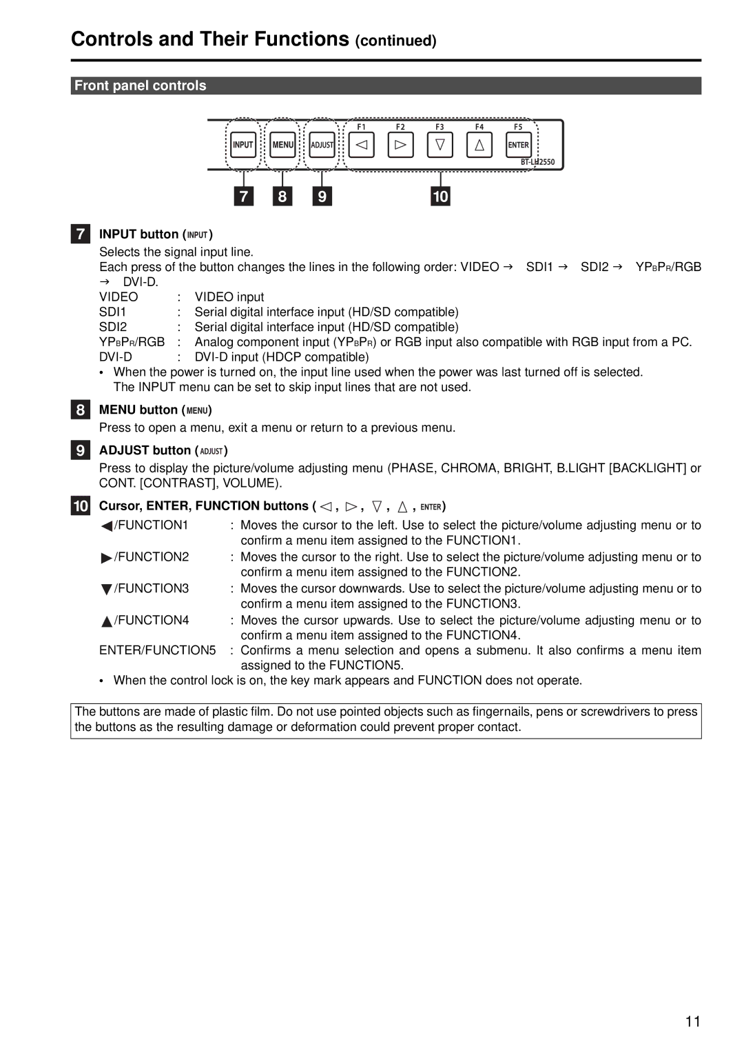 Panasonic BT-LH2550P manual Front panel controls, Input button, Menu button, Adjust button, Cursor, ENTER, Function buttons 