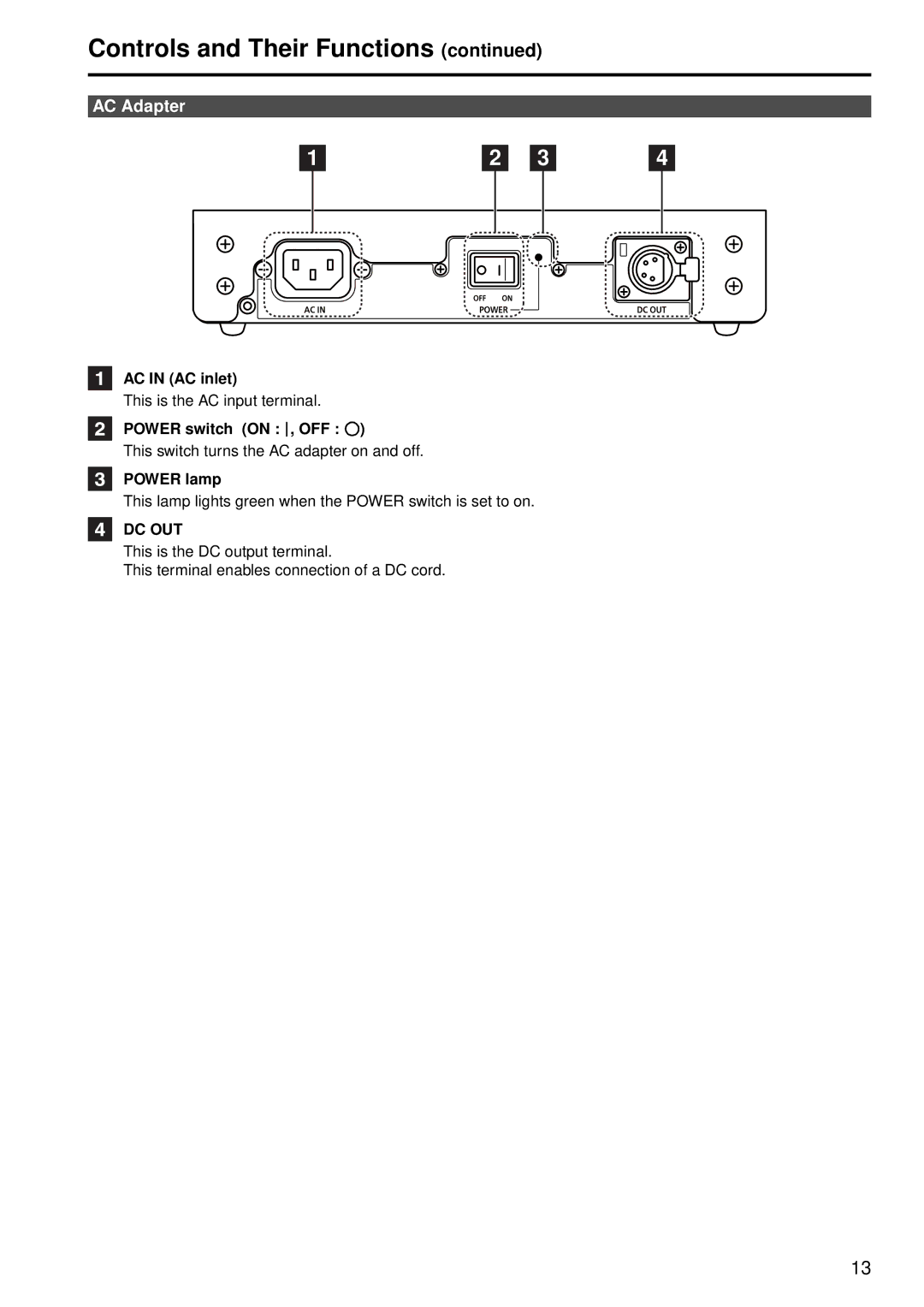 Panasonic BT-LH2550P, BT-LH2550E manual AC Adapter, AC in AC inlet, Power switch on , OFF, Power lamp, Dc Out 