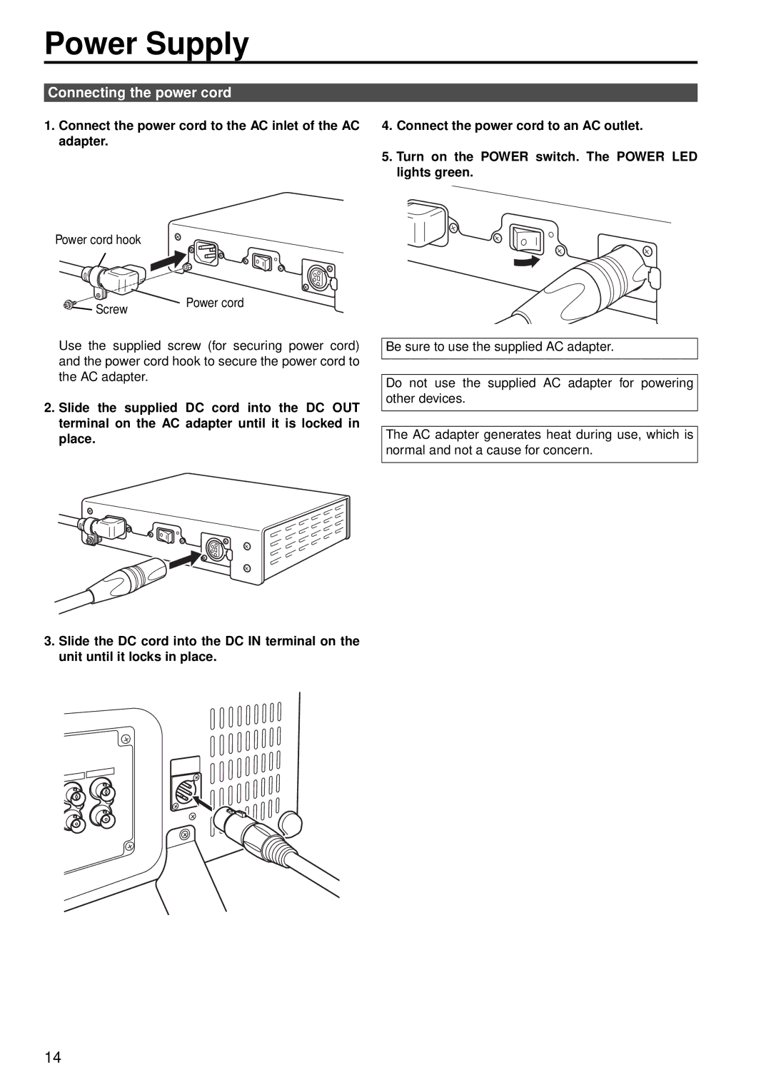 Panasonic BT-LH2550E, BT-LH2550P manual Power Supply, Connecting the power cord 