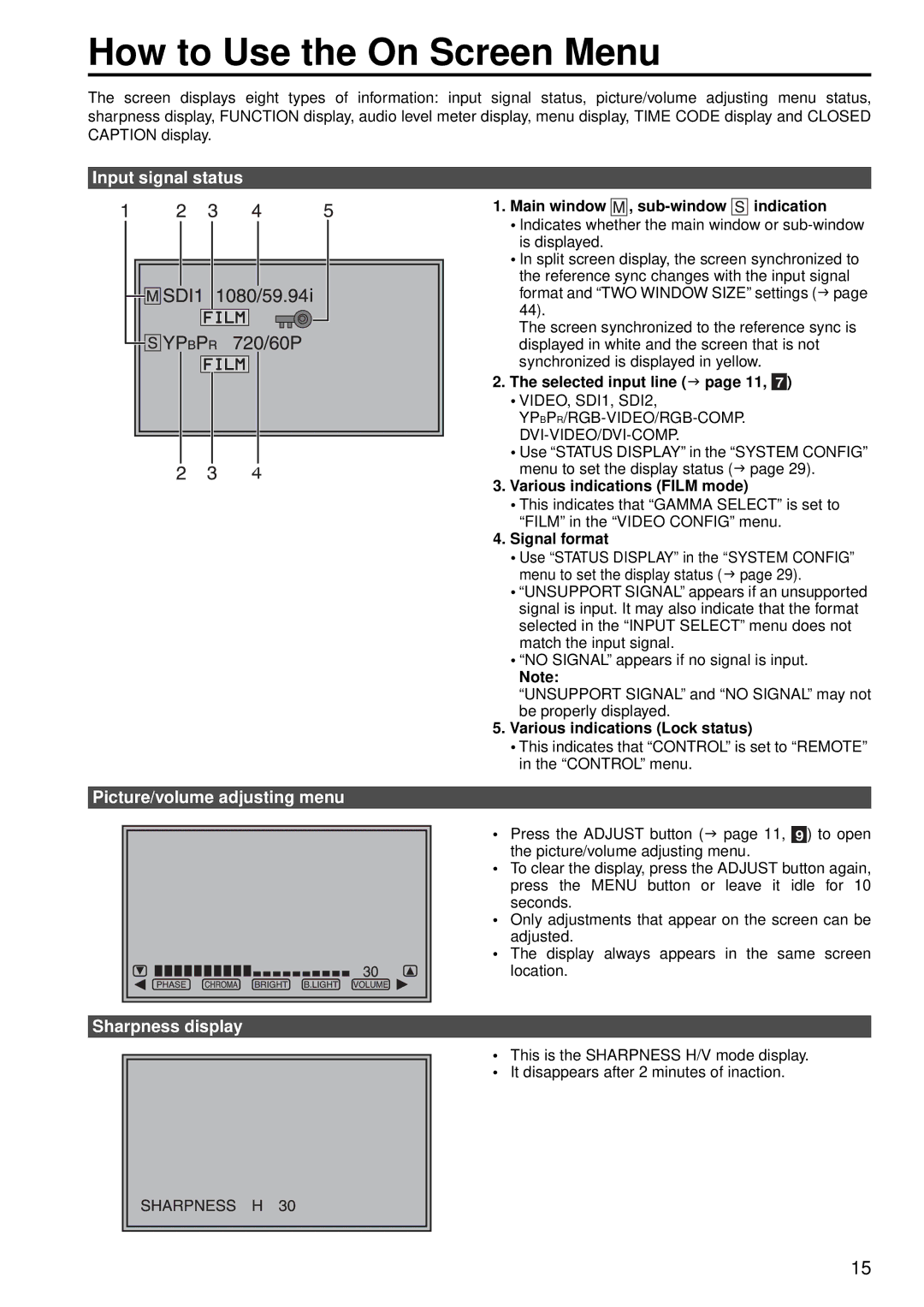 Panasonic BT-LH2550P How to Use the On Screen Menu, Input signal status, Picture/volume adjusting menu, Sharpness display 