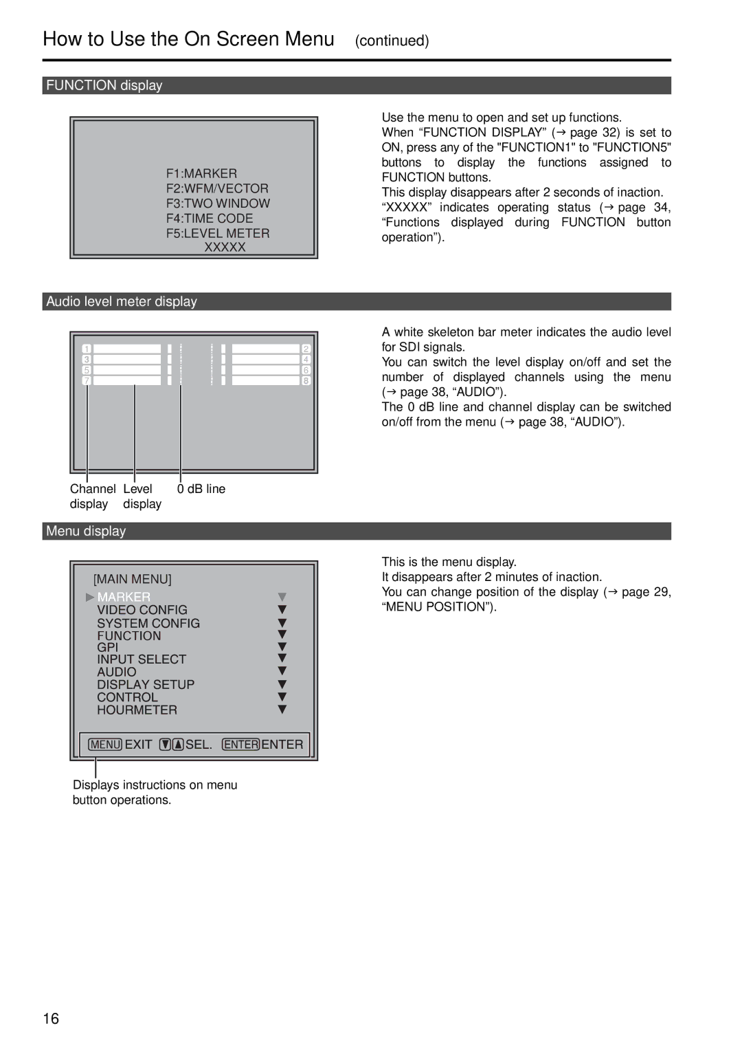 Panasonic BT-LH2550E, BT-LH2550P manual Function display, Audio level meter display, Menu display 