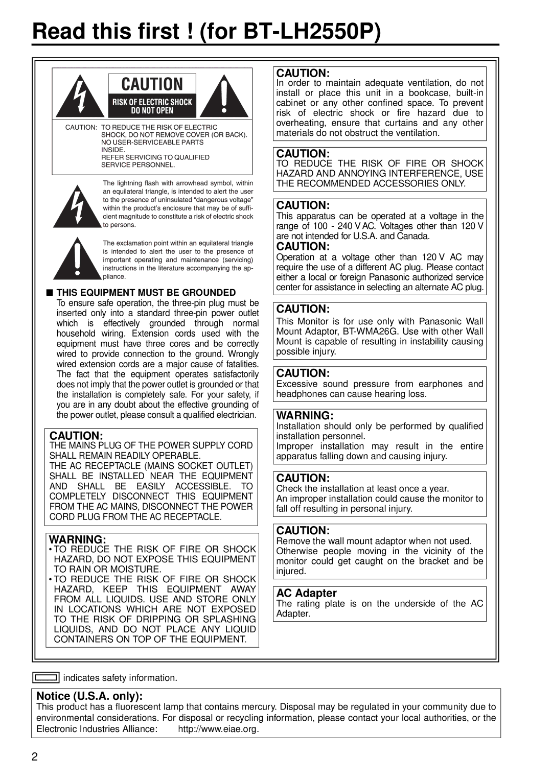 Panasonic BT-LH2550E manual Read this first ! for BT-LH2550P, This Equipment Must be Grounded 