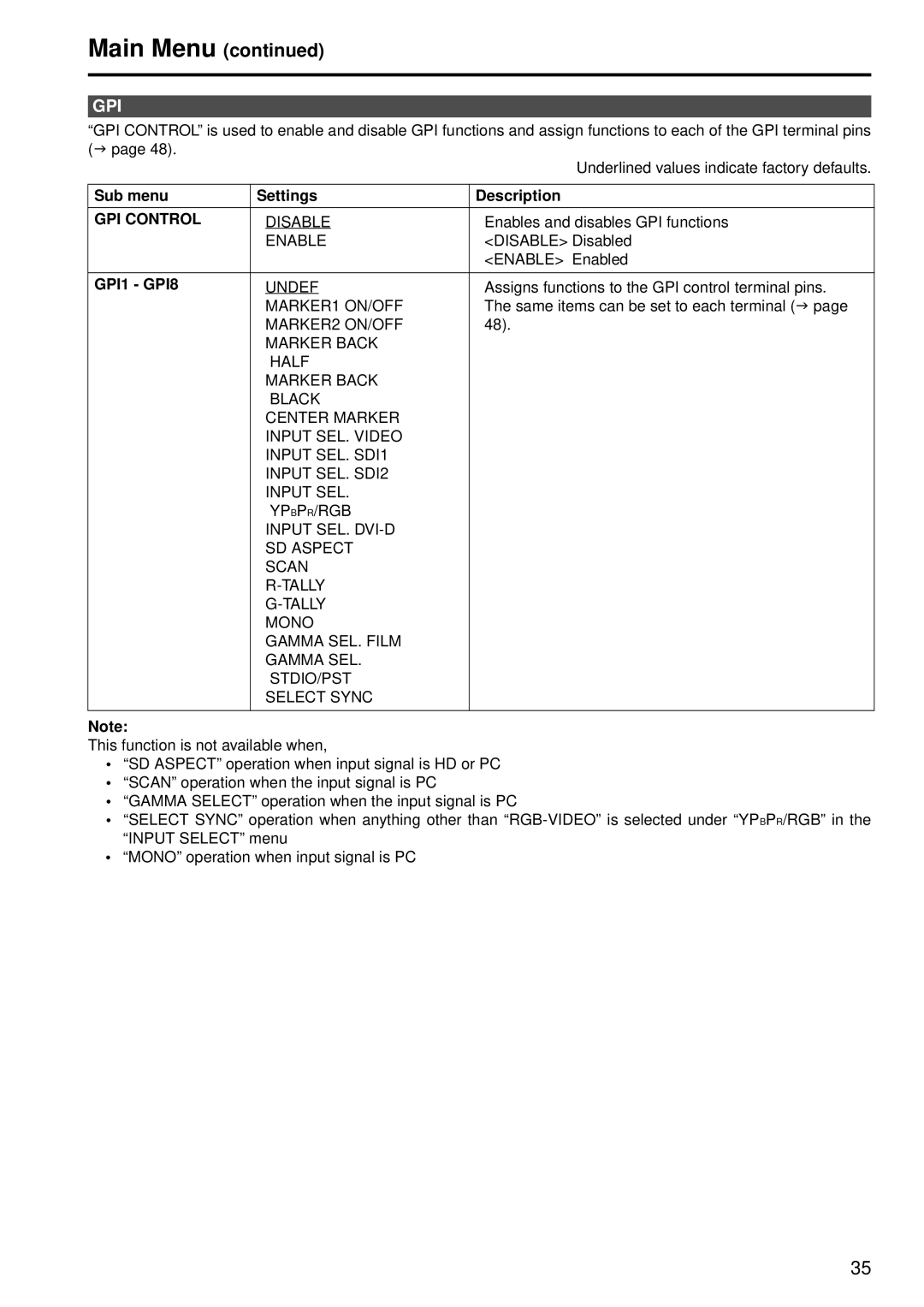 Panasonic BT-LH2550P, BT-LH2550E manual Gpi, GPI Control, Disable, Enable, GPI1 GPI8 