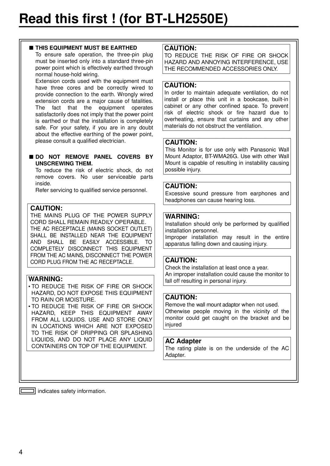 Panasonic BT-LH2550P manual Read this first ! for BT-LH2550E, This Equipment Must be Earthed 