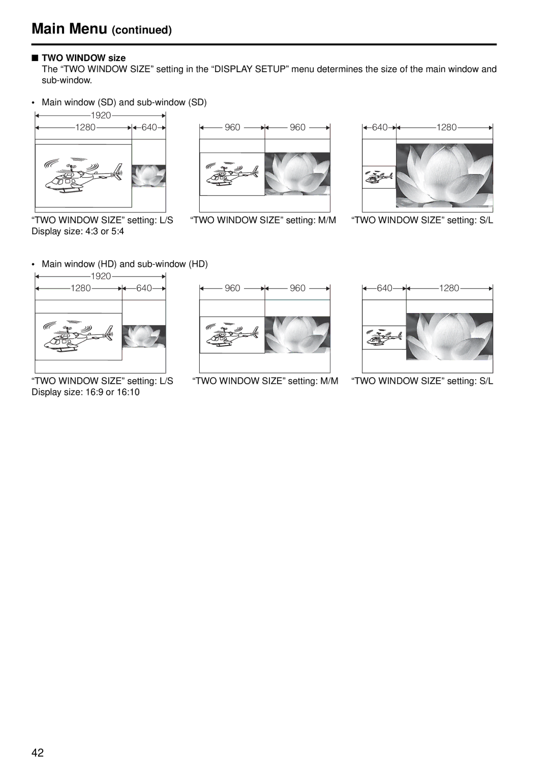 Panasonic BT-LH2550E, BT-LH2550P manual TWO Window size, 1920 1280 640 960 