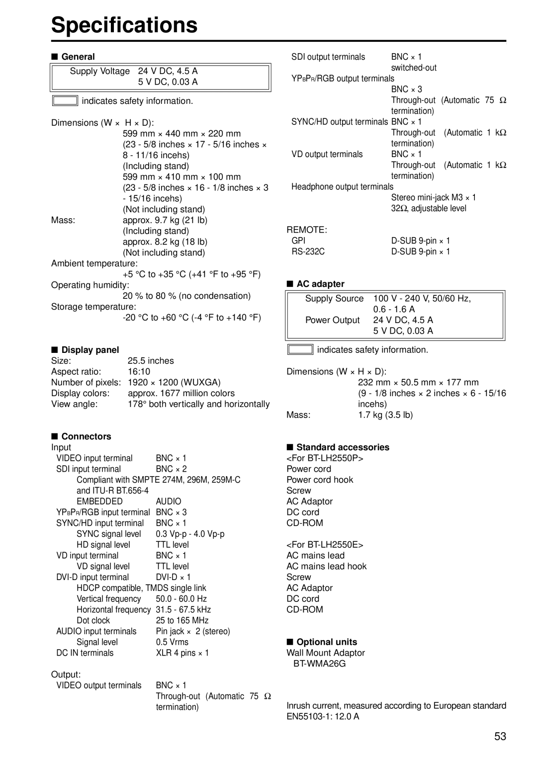 Panasonic BT-LH2550P, BT-LH2550E manual Specifications 