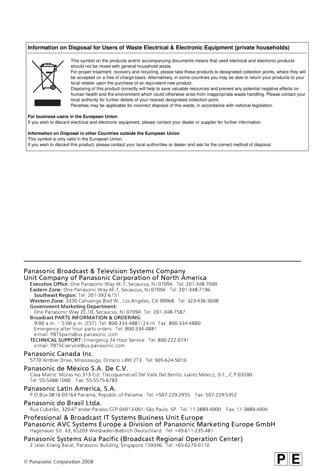 Panasonic BT-LH2550E, BT-LH2550P manual Panasonic Canada Inc 