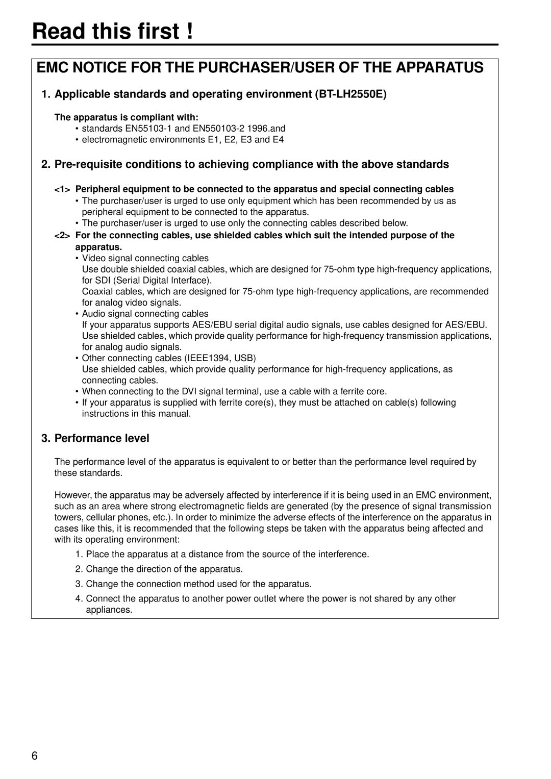 Panasonic BT-LH2550E, BT-LH2550P manual Read this first, Apparatus is compliant with 