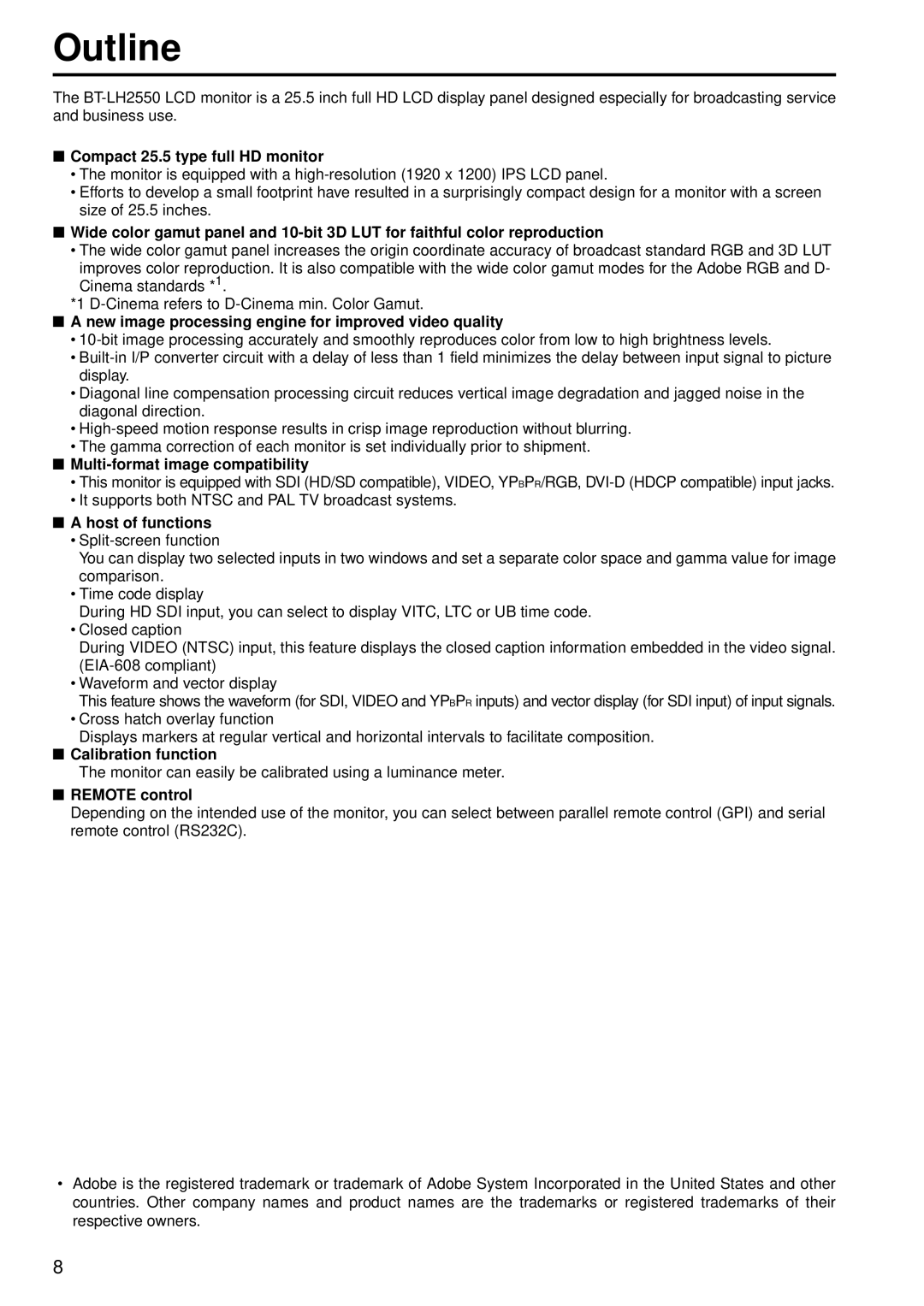 Panasonic BT-LH2550E, BT-LH2550P manual Outline 