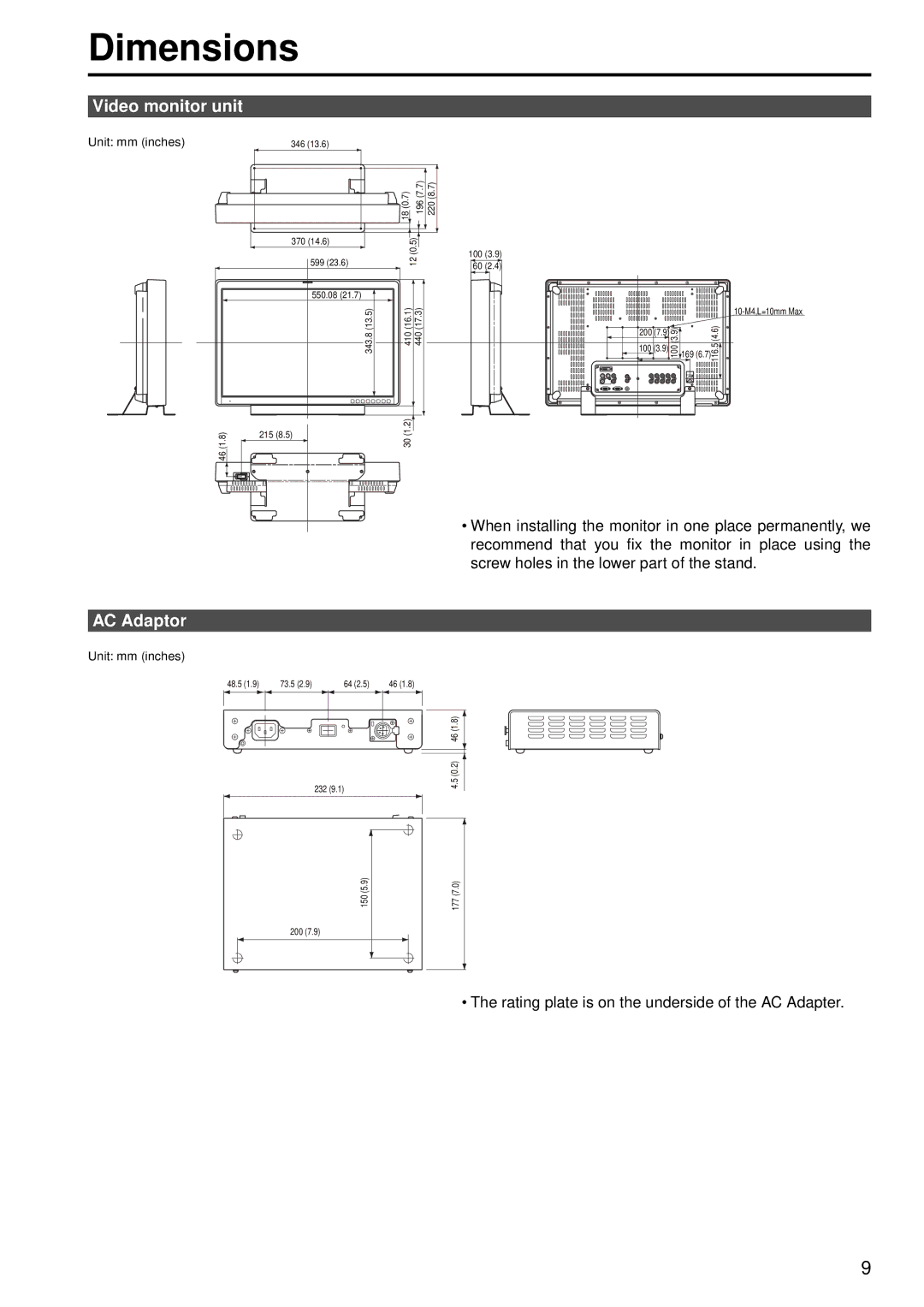 Panasonic BT-LH2550P, BT-LH2550E manual Dimensions, Video monitor unit, AC Adaptor 