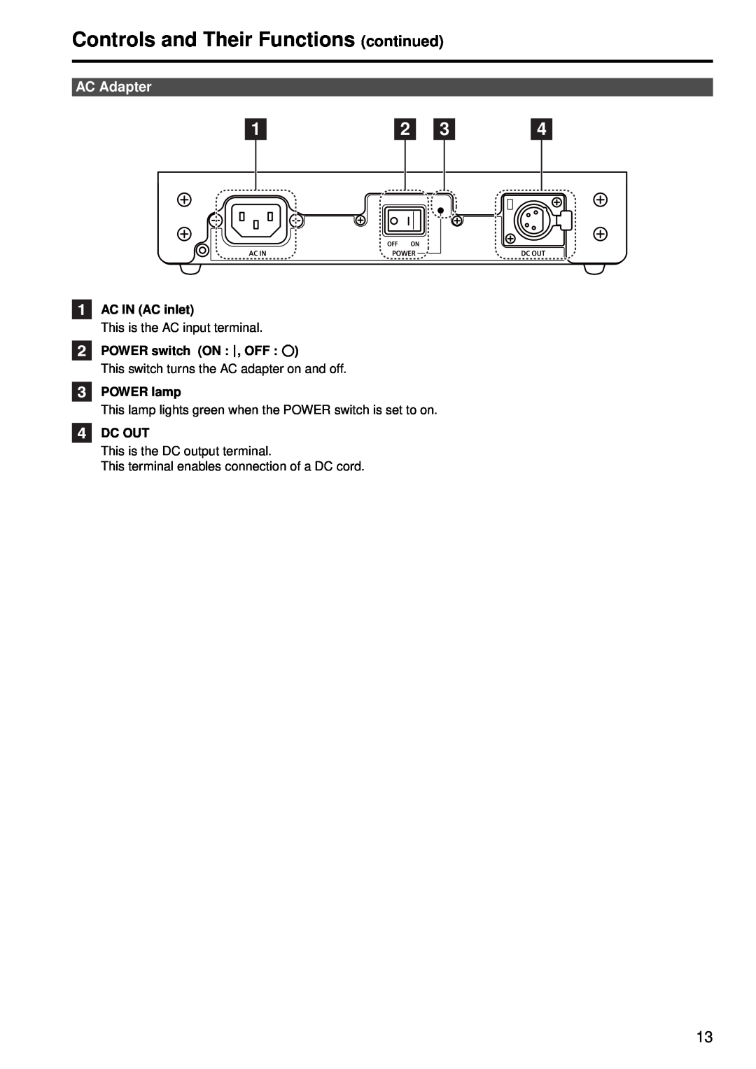 Panasonic BT-LH2550P AC Adapter, Controls and Their Functions continued, AC IN AC inlet, POWER switch ON , OFF, POWER lamp 