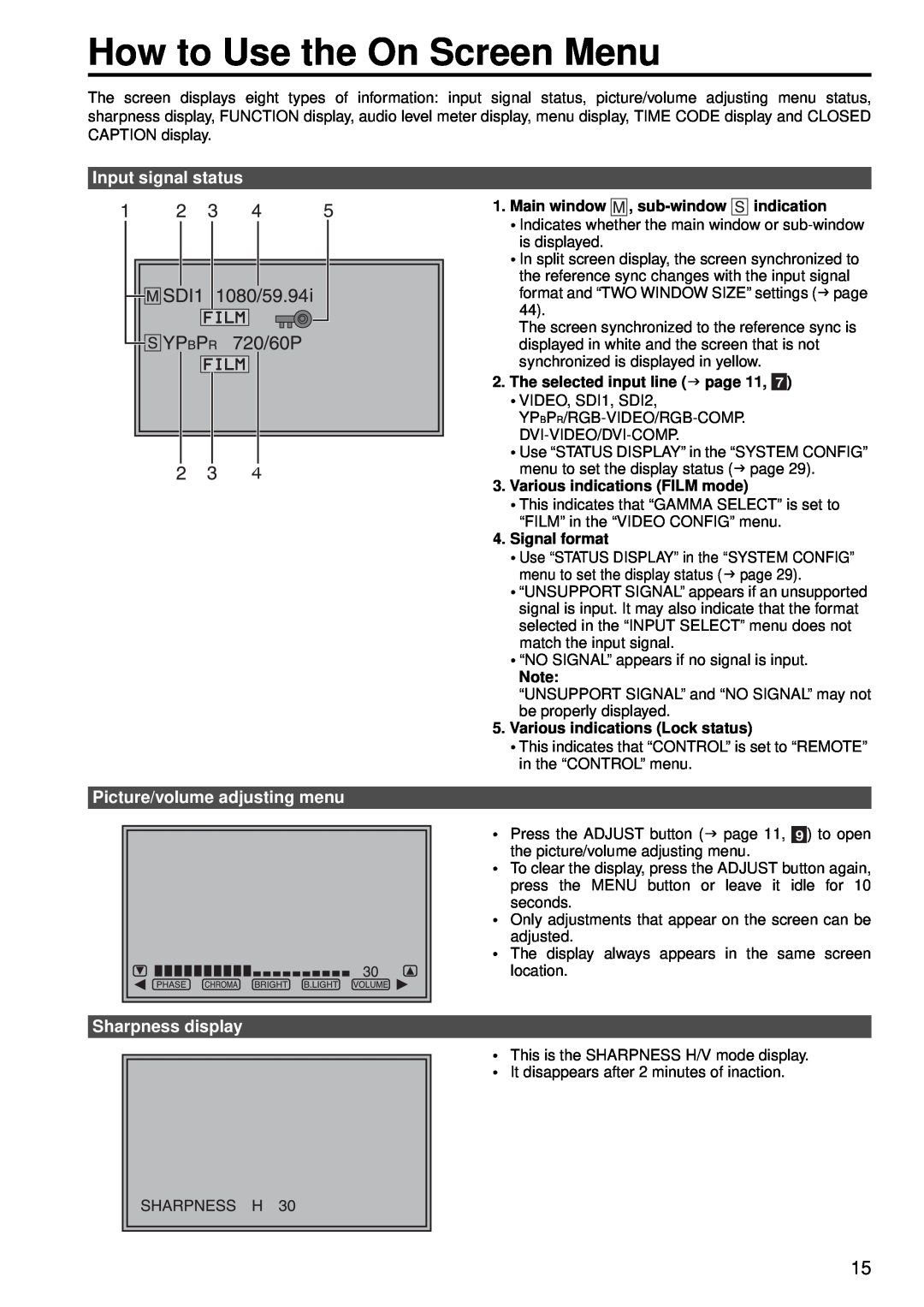 Panasonic BT-LH2550P How to Use the On Screen Menu, Input signal status, Picture/volume adjusting menu, Sharpness display 