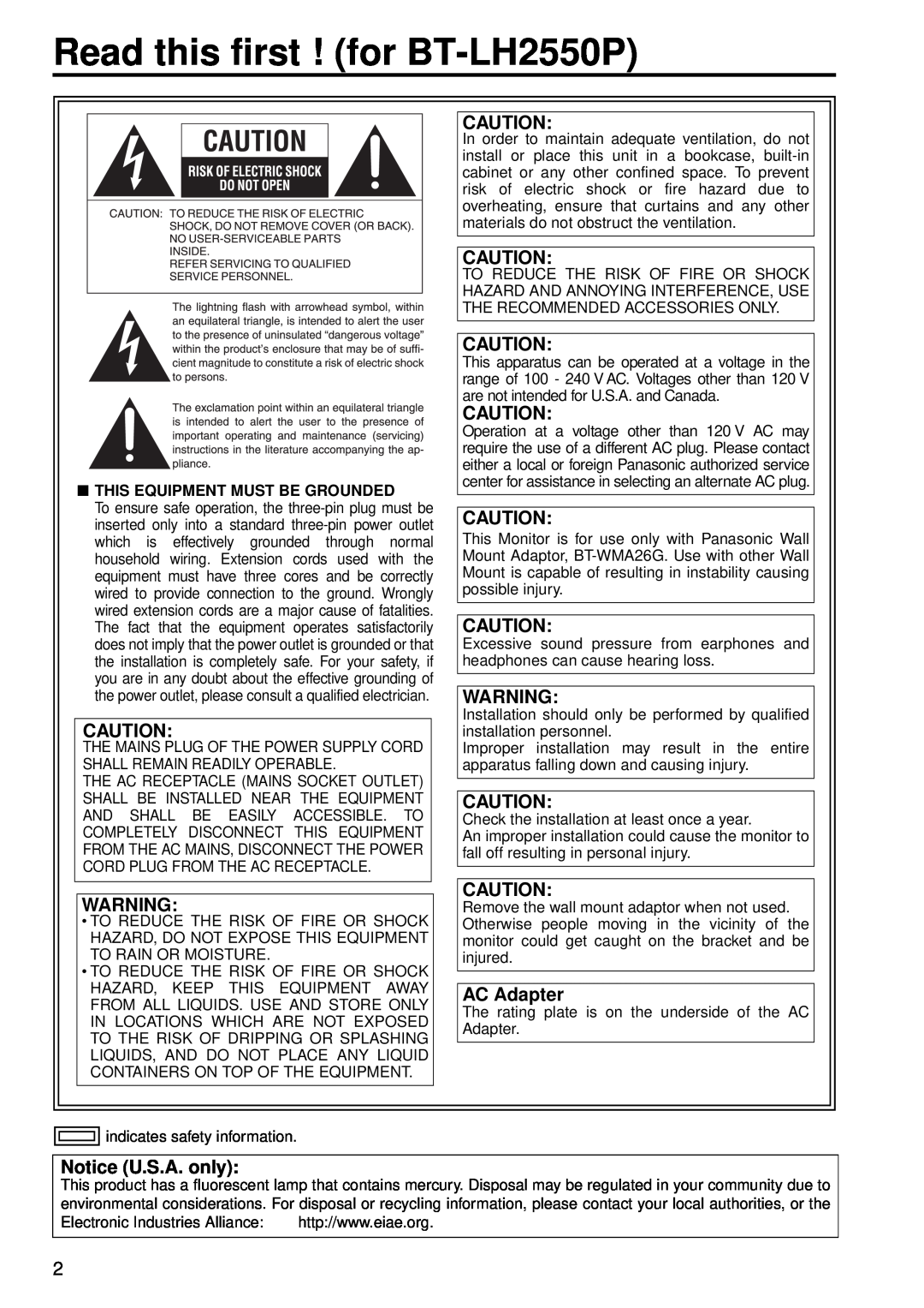 Panasonic BT-LH2550E manual Read this first ! for BT-LH2550P, AC Adapter, Notice U.S.A. only 