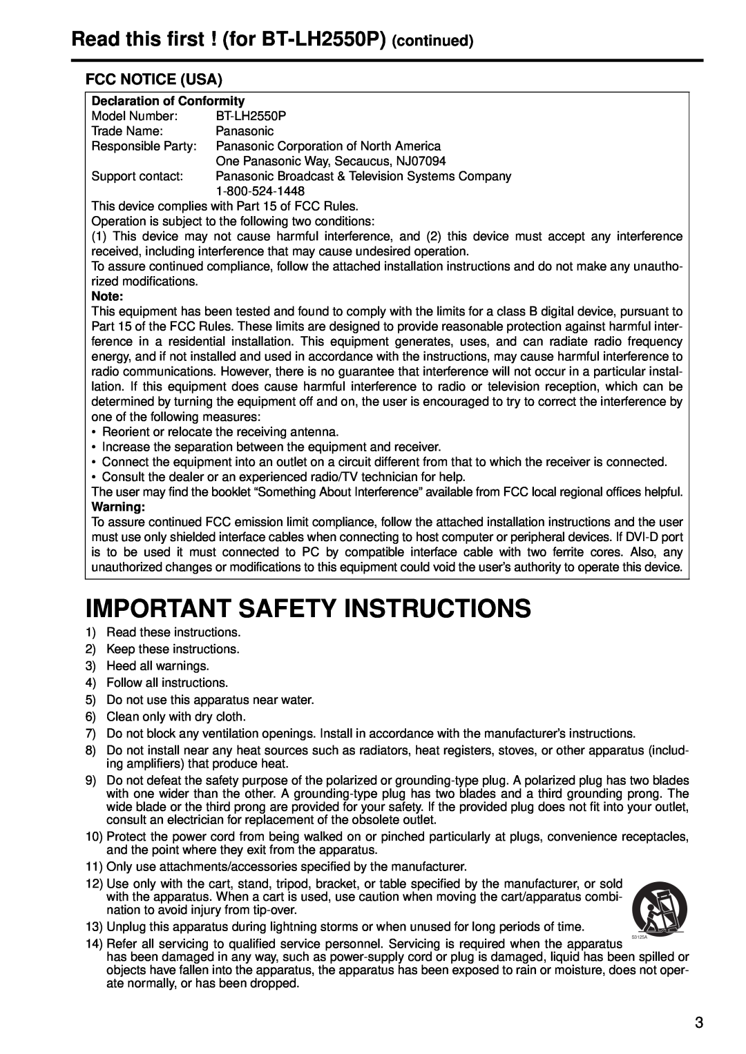 Panasonic BT-LH2550E manual Read this first ! for BT-LH2550P continued, Fcc Notice Usa, Important Safety Instructions 