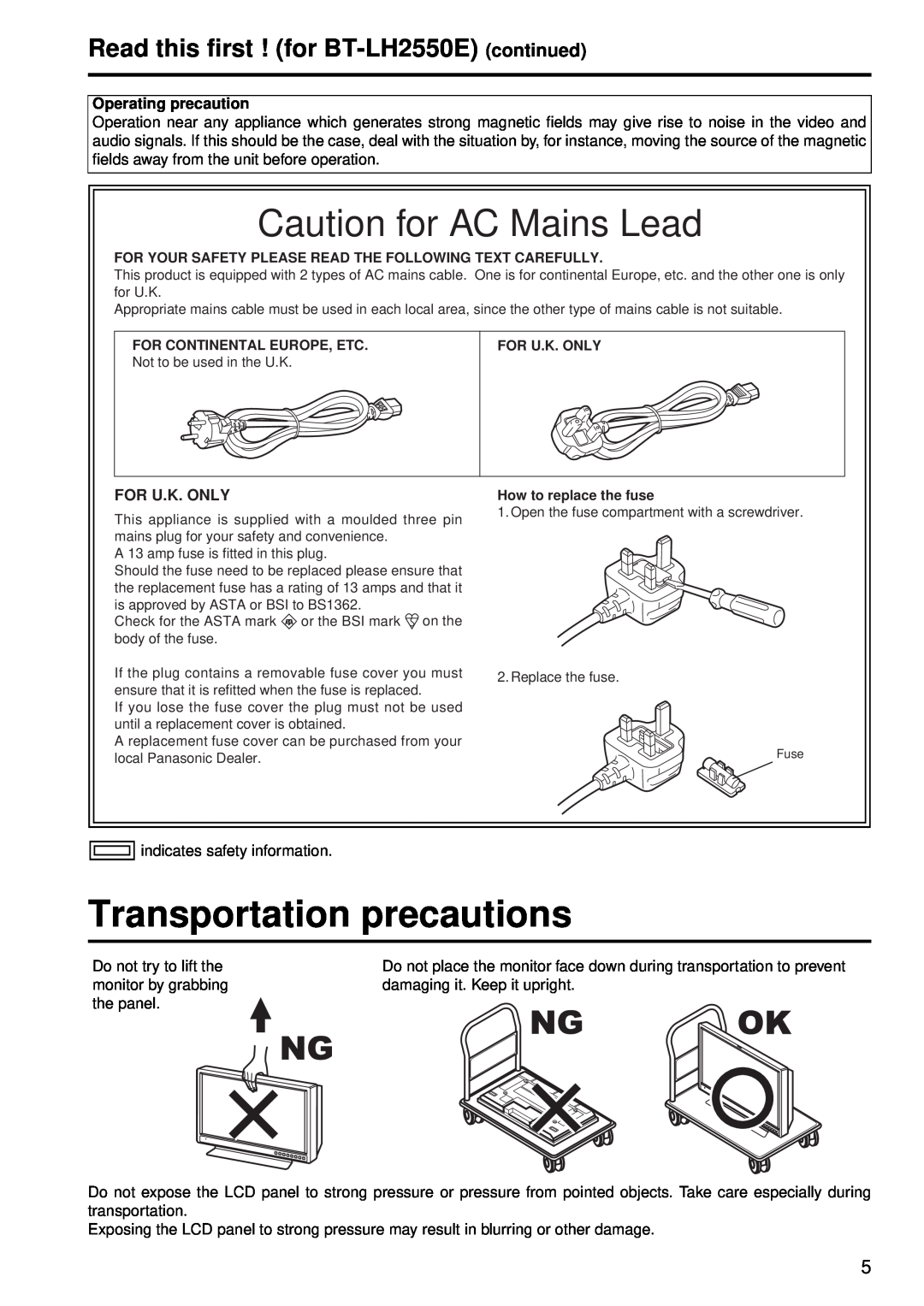 Panasonic BT-LH2550P Transportation precautions, Read this first ! for BT-LH2550E continued, Caution for AC Mains Lead 