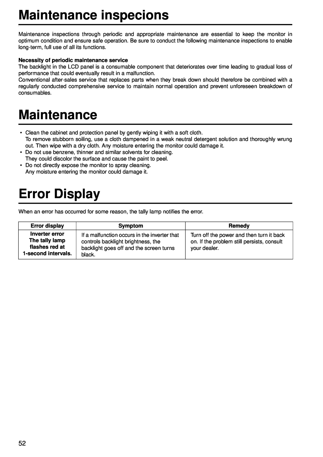 Panasonic BT-LH2550E manual Maintenance inspecions, Error Display, Necessity of periodic maintenance service, Error display 