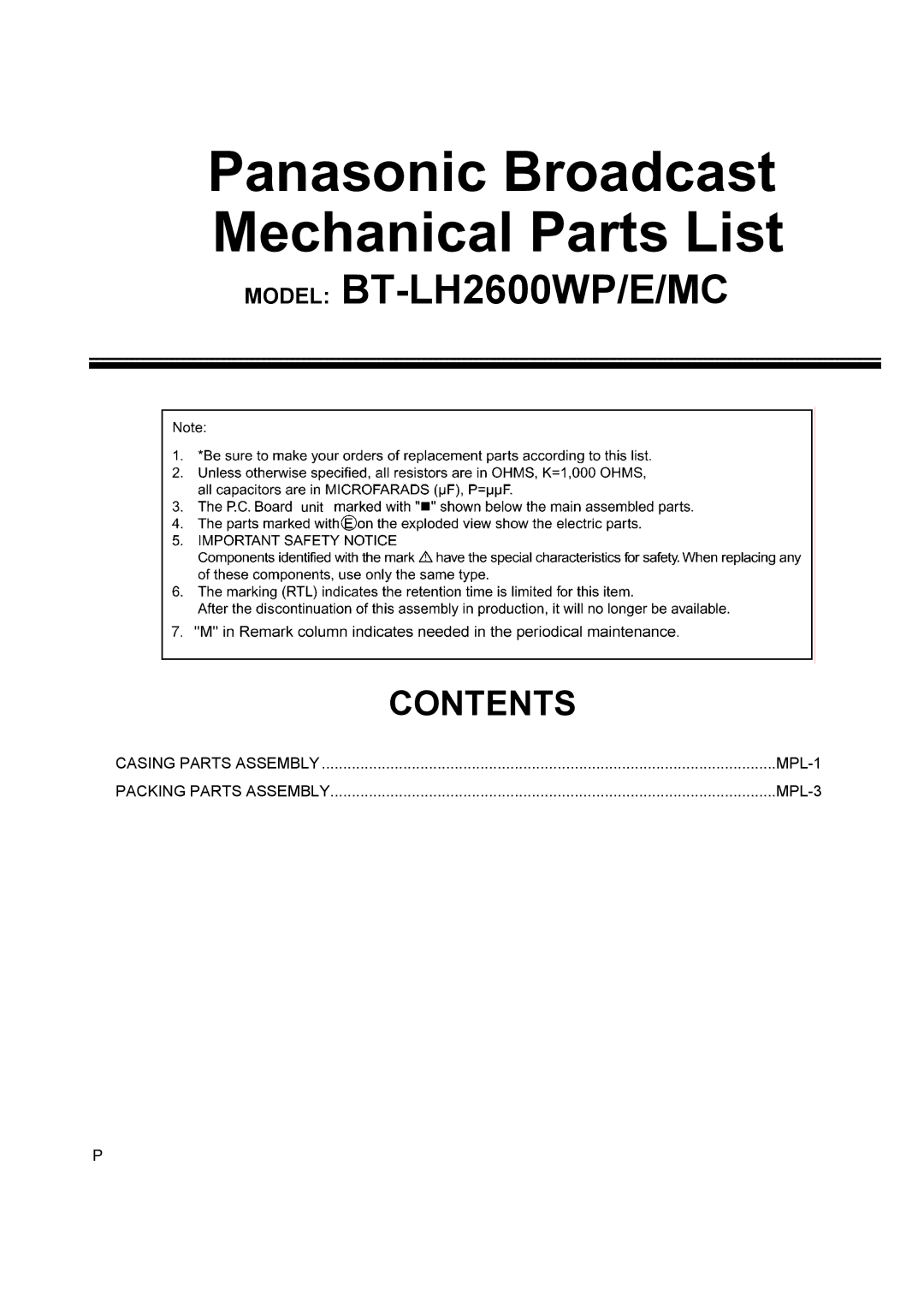 Panasonic BT-LH2600WMC manual Panasonic Broadcast Mechanical Parts List 