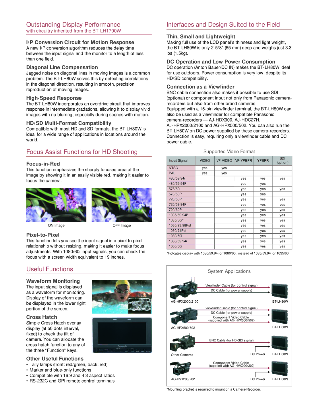 Panasonic BT-LH80W manual Outstanding Display Performance, Focus Assist Functions for HD Shooting, Useful Functions 