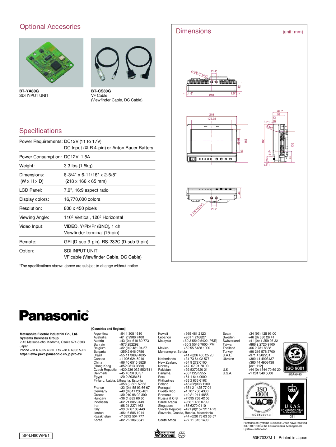 Panasonic BT-LH80W manual Optional Accesories, Specifications, Dimensions 