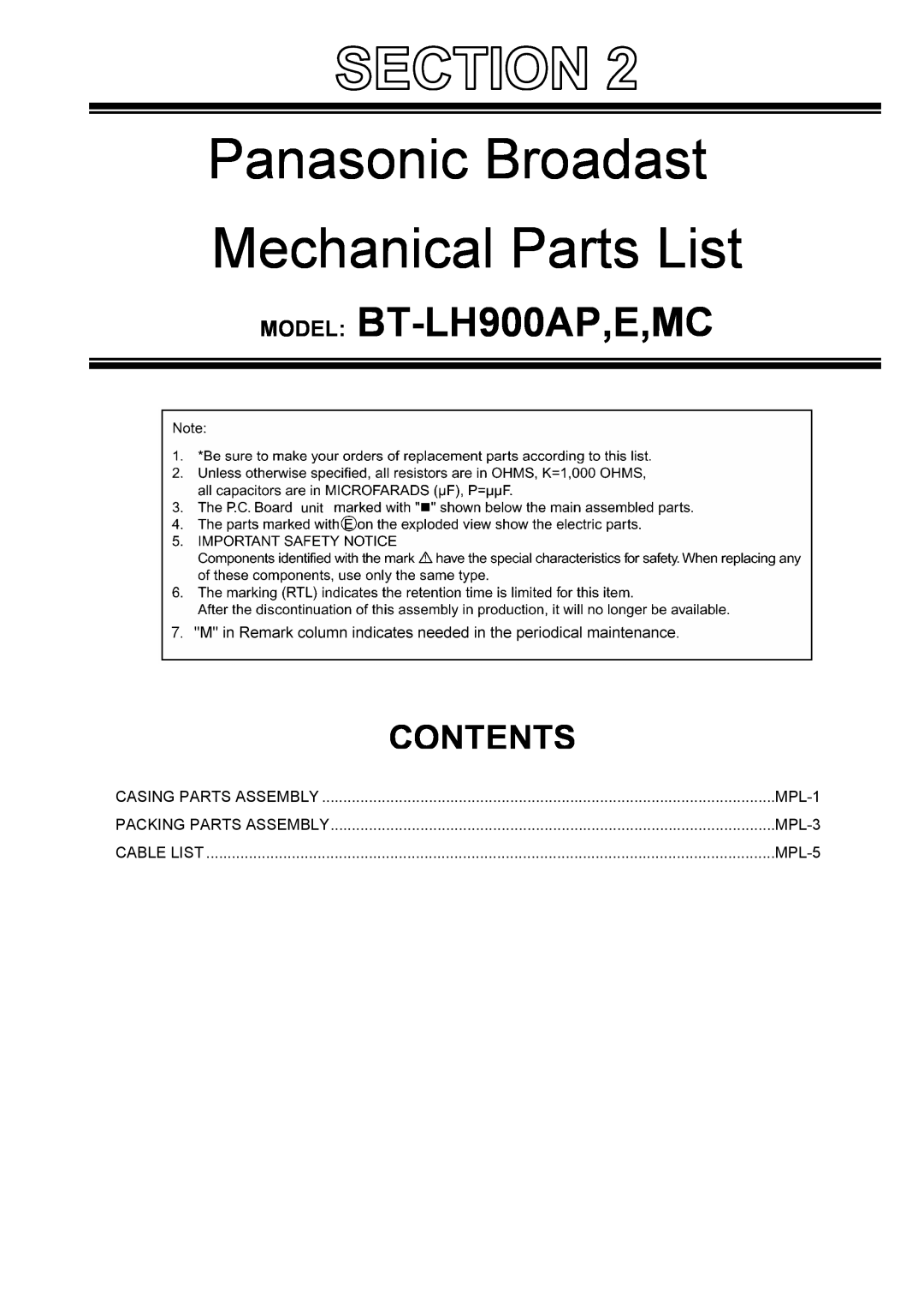 Panasonic BT-LH900MC manual MPL-1, MPL-3, MPL-5, Panasonic Broadast Mechanical Parts List, MODEL BT-LH900AP,E,MC, Contents 