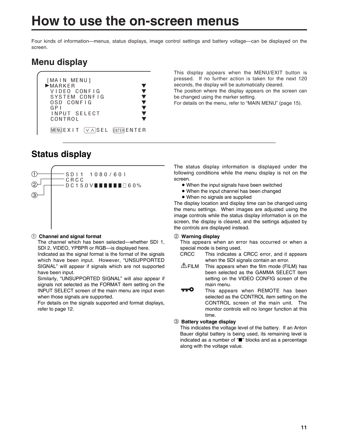 Panasonic BT-LH900E manual How to use the on-screen menus, Menu display, Status display, Channel and signal format 