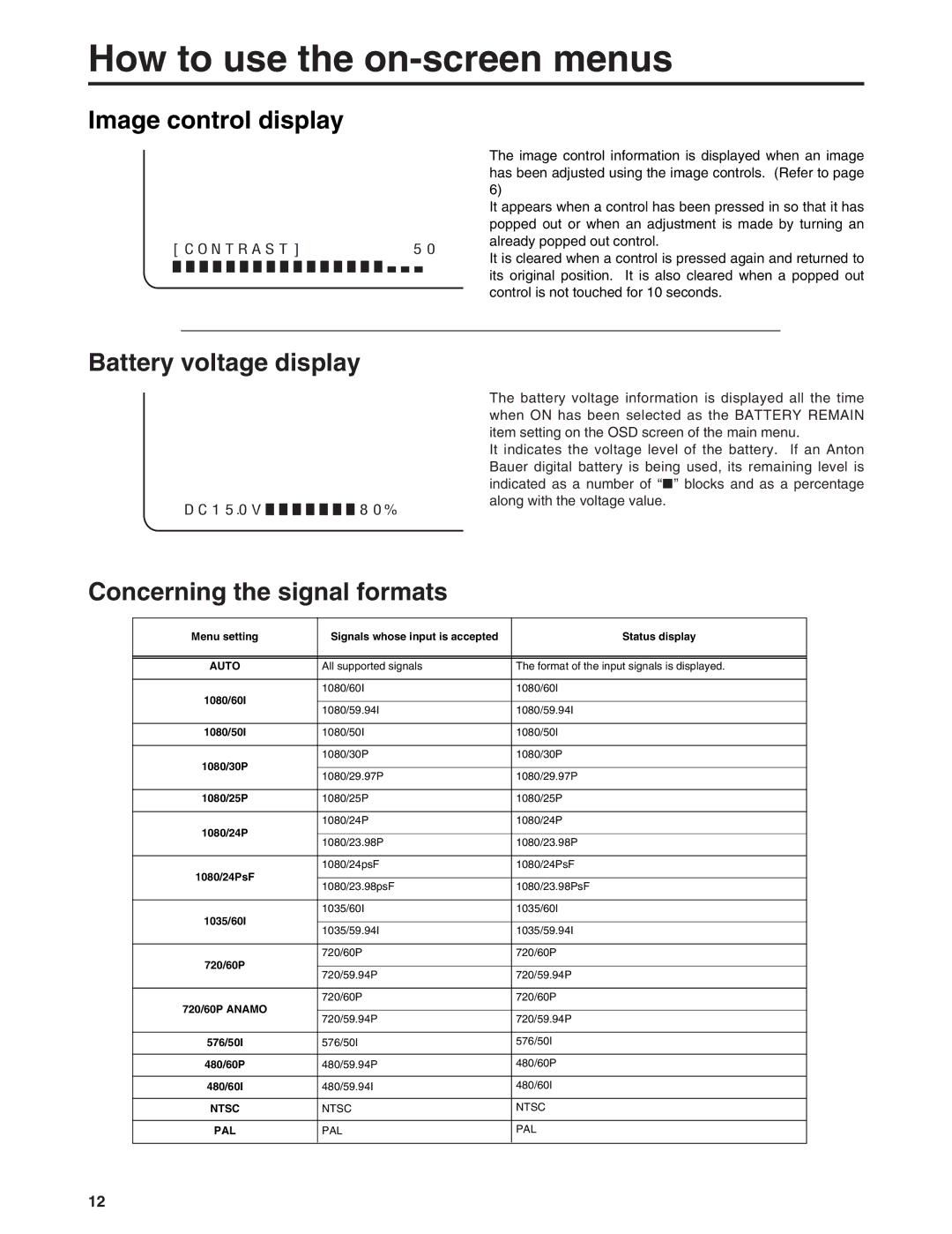 Panasonic BT-LH900E manual Image control display, Battery voltage display, Concerning the signal formats 