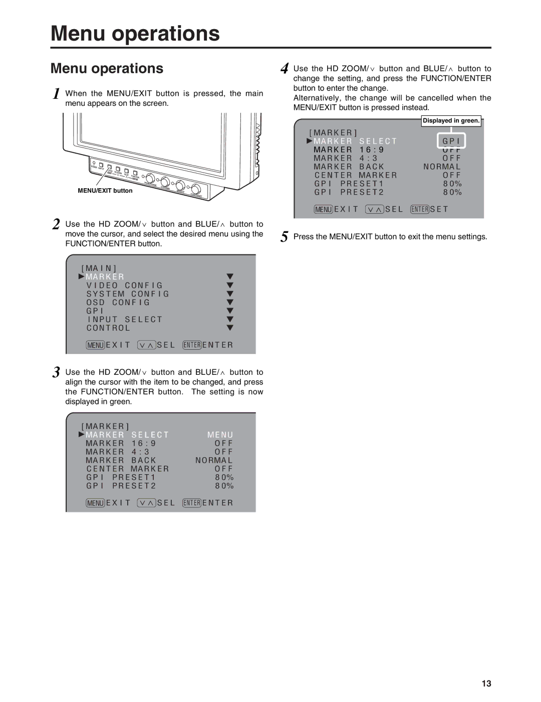 Panasonic BT-LH900E manual Menu operations, MENU/EXIT button 