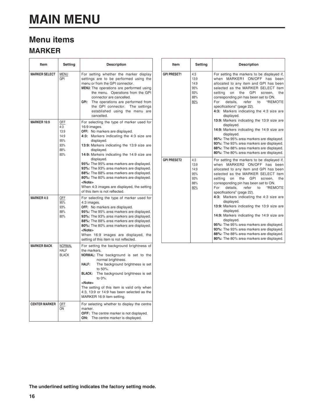 Panasonic BT-LH900E manual Menu items, Underlined setting indicates the factory setting mode 