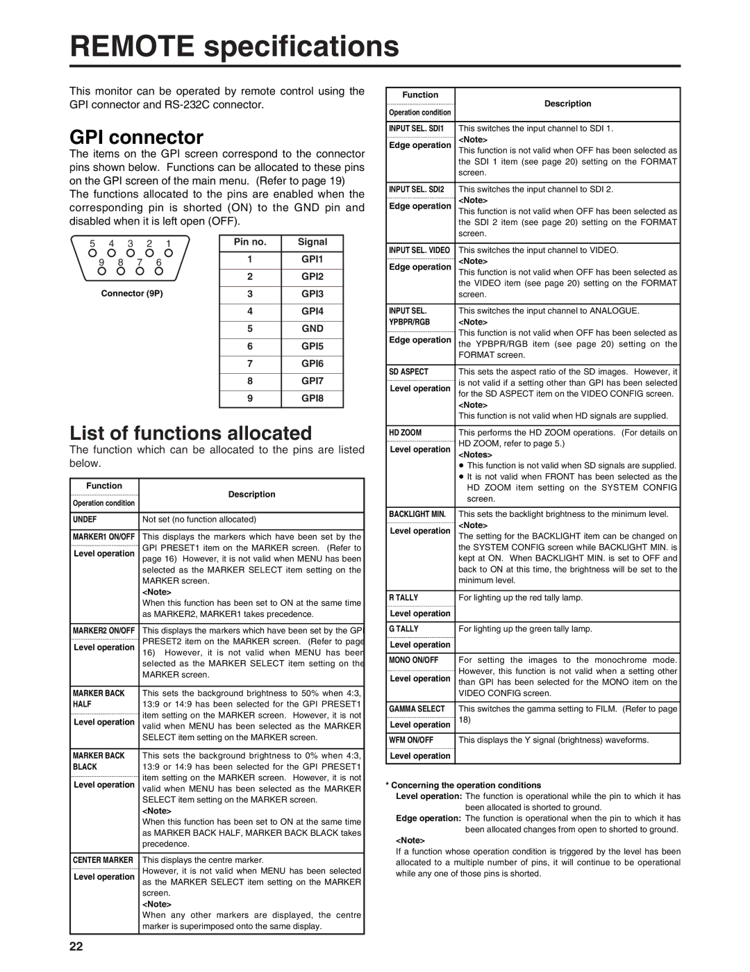 Panasonic BT-LH900E manual Remote specifications, GPI connector, List of functions allocated 