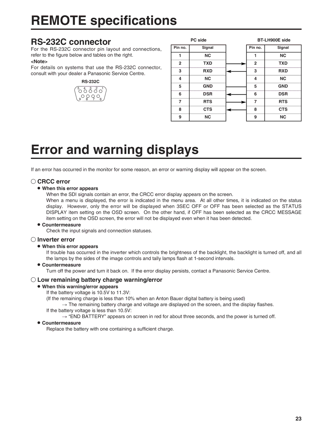 Panasonic BT-LH900E manual Error and warning displays, RS-232C connector, ± Crcc error, ± Inverter error 