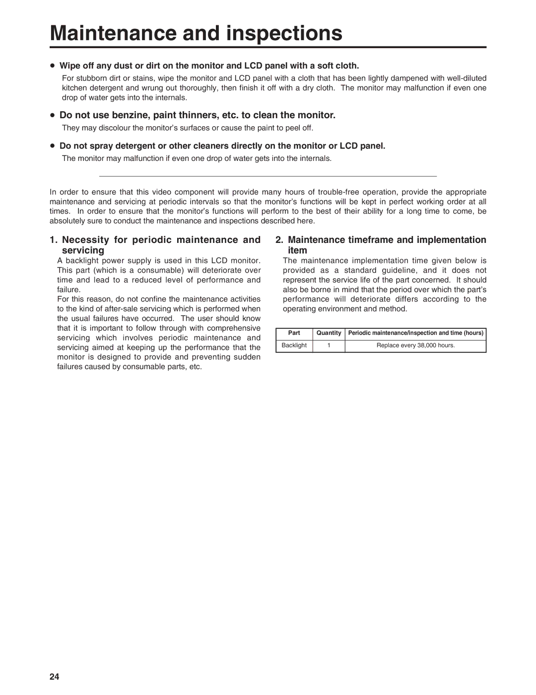 Panasonic BT-LH900E manual Maintenance and inspections, Necessity for periodic maintenance and servicing, Part Quantity 