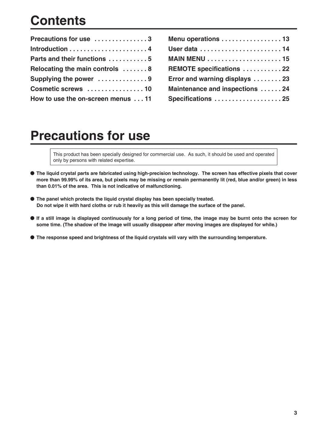 Panasonic BT-LH900E manual Contents, Precautions for use 