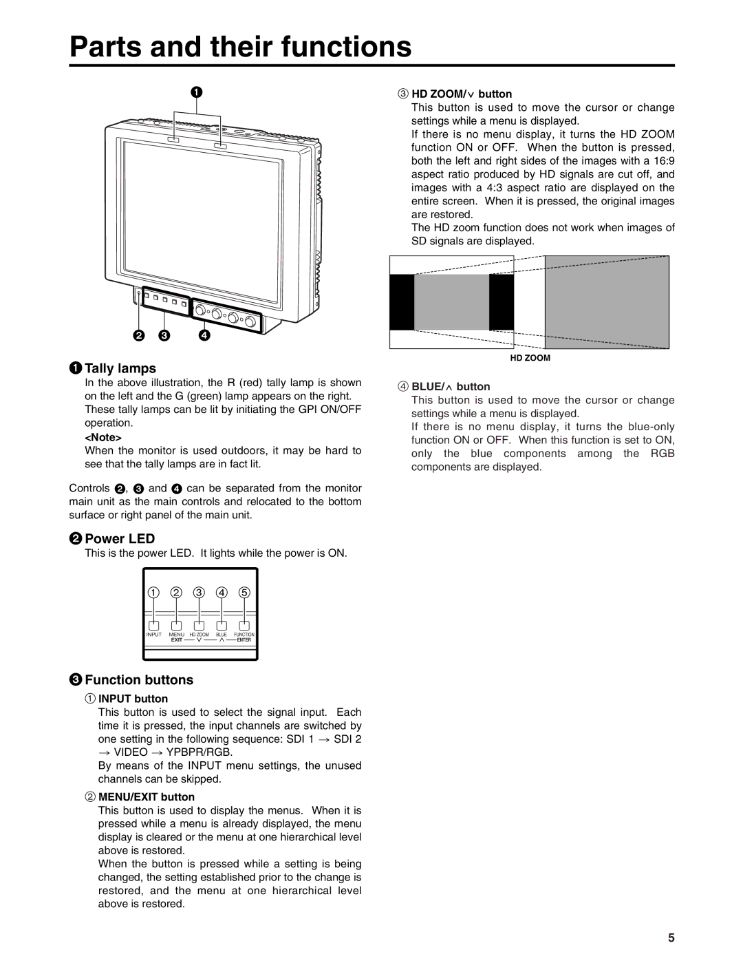 Panasonic BT-LH900E manual Parts and their functions, Tally lamps, Power LED, Function buttons 