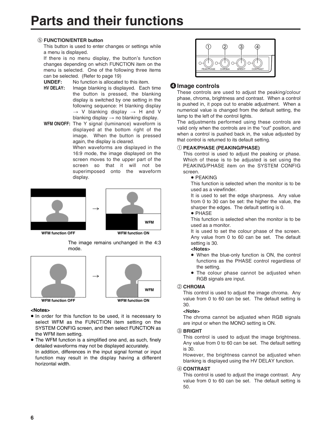 Panasonic BT-LH900E manual Image controls, FUNCTION/ENTER button, Wfm, WFM function OFF 