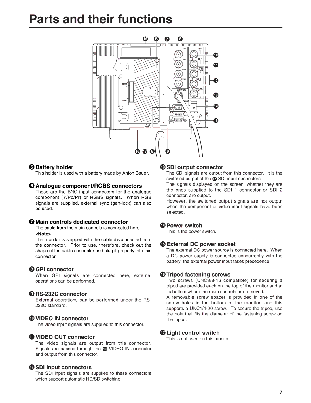 Panasonic BT-LH900E manual Battery holder, Analogue component/RGBS connectors, = SDI output connector, GPI connector 